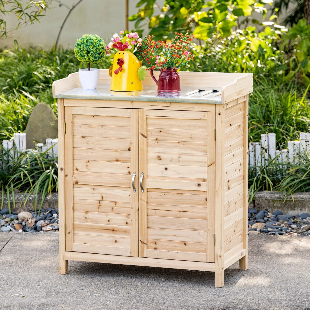 Tavolo da lavoro per giardinaggio con armadietto; 2 ripiani interni e piano zincato 83 × 40 × 92 cm