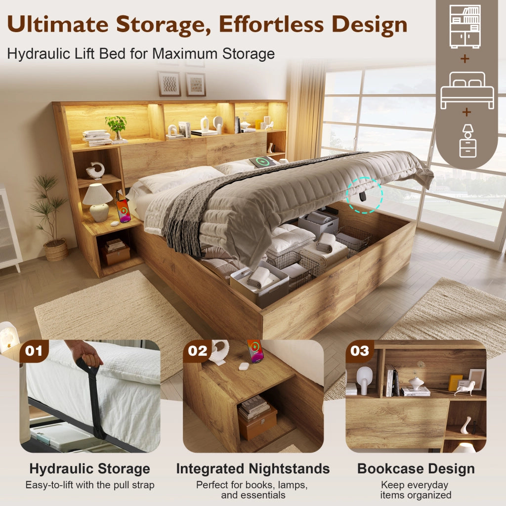 Letto matrimoniale con contenitore 180 × 200 cm con comodini integrati LED USB e USB-C in legno color rovere