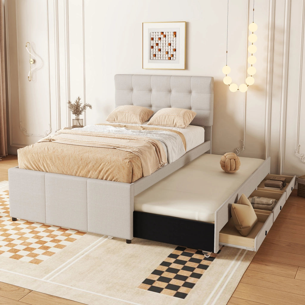 Letto singolo 90x200 cm con letto estraibile 90x190 cm e 3 cassetti beige