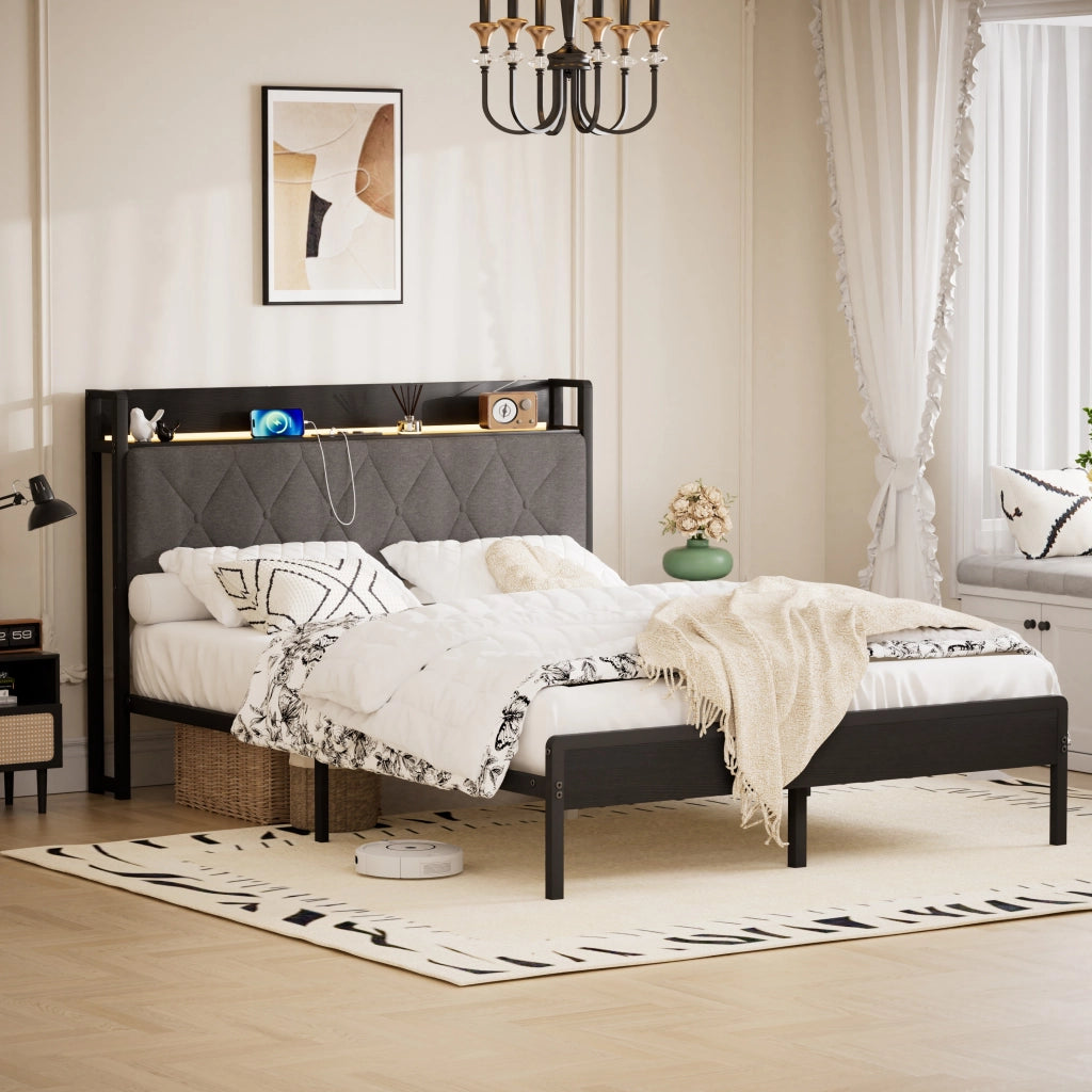 LETTO Imbottito 140x190 cm Nero Grigio con testiera LED e USB
