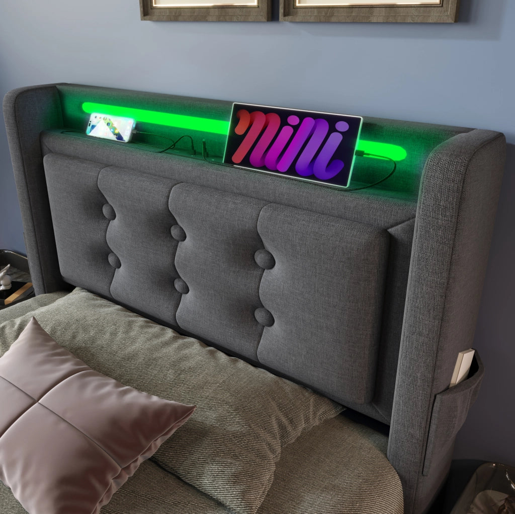 Letto singolo 90x200 cm con testiera imbottita, funzione di ricarica USB-C, struttura in legno e metallo, colore grigio, senza materasso