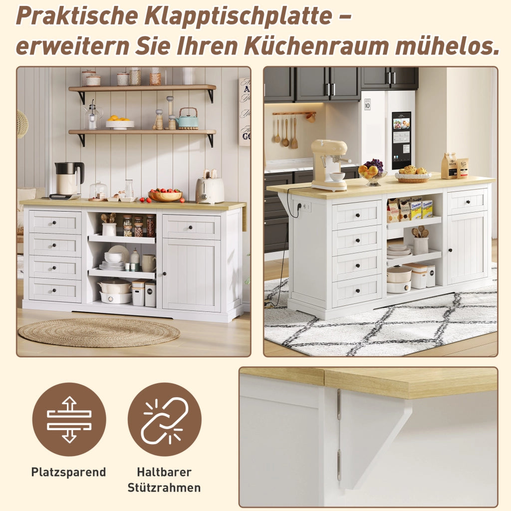 Mobile da cucina 150x65x75;5 cm con 5 cassetti; piano ribaltabile e prese USB; bianco