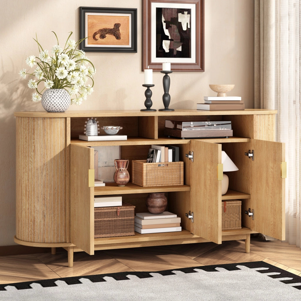 Credenza a 3 ante con frontale a linee verticali in MDF e pannello di particelle naturale 140 × 40 × 78 cm