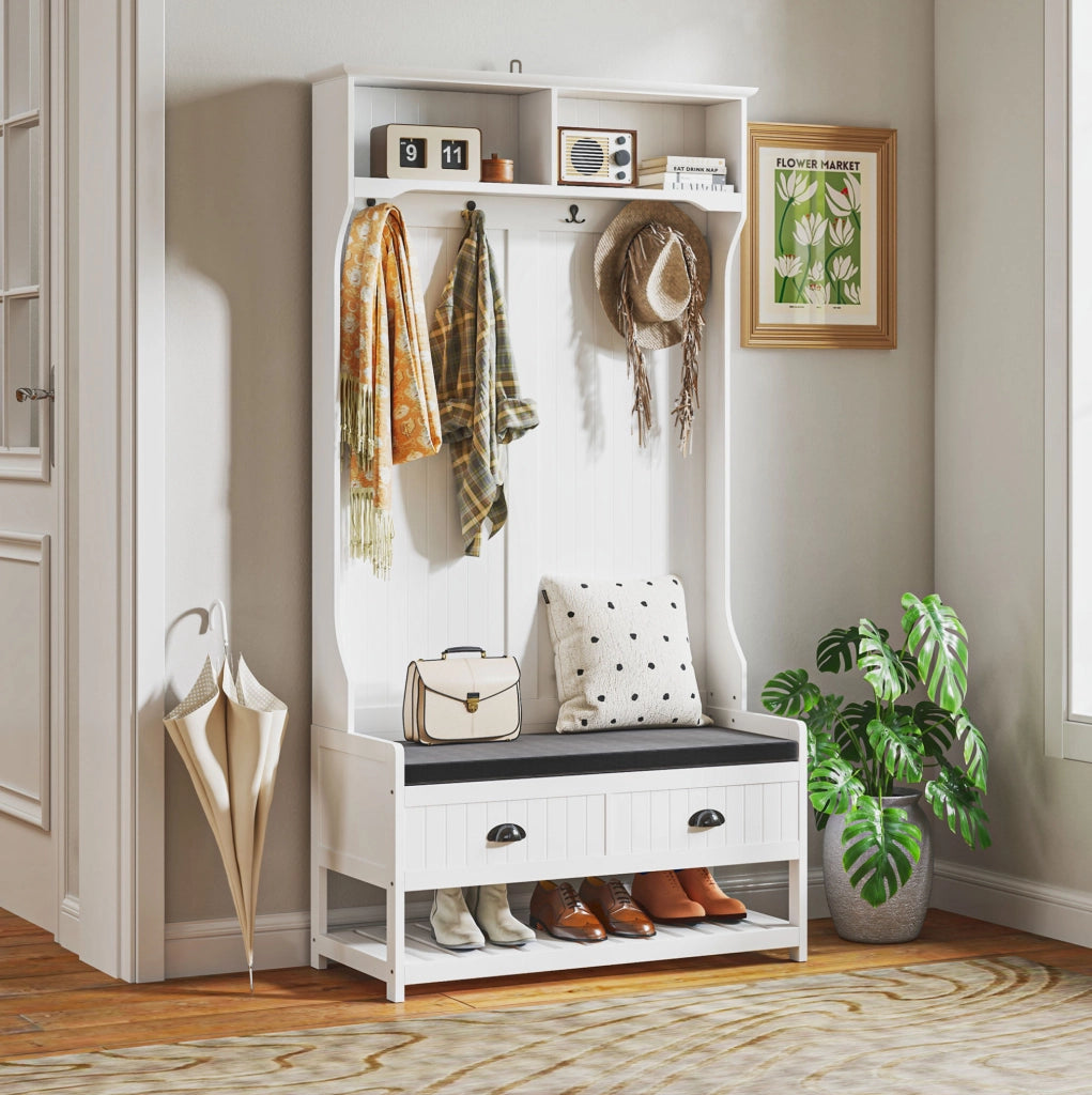 Appendiabiti ULEVR 89x42x172 cm con panca imbottita, cassetti e ripiani per scarpe, in MDF bianco