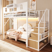 Letto a soppalco - letto singolo 90 x 200 cm in metallo con scaletta contenitore, illuminazione, ripiano e sponde rialzate, bianco