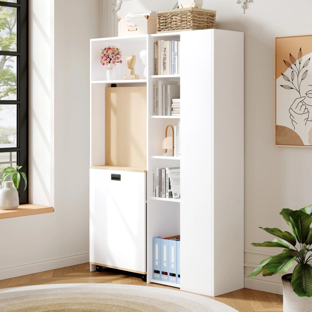 Scrivania dritta pieghevole 2 in 1 con libreria presa UE porte USB ripiani regolabili MDF bianco rovere