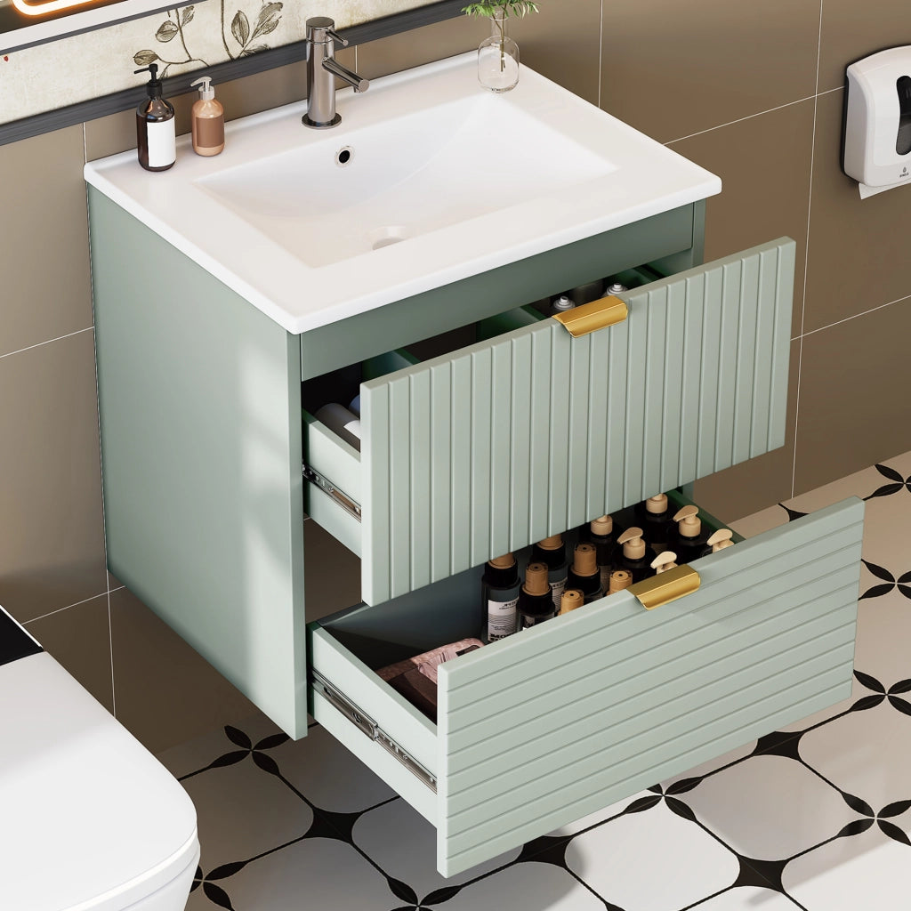Mobiletto con lavabo sospeso in MDF laccato e ceramica; 2 cassetti ammortizzati verde menta 61 × 46 × 57 cm