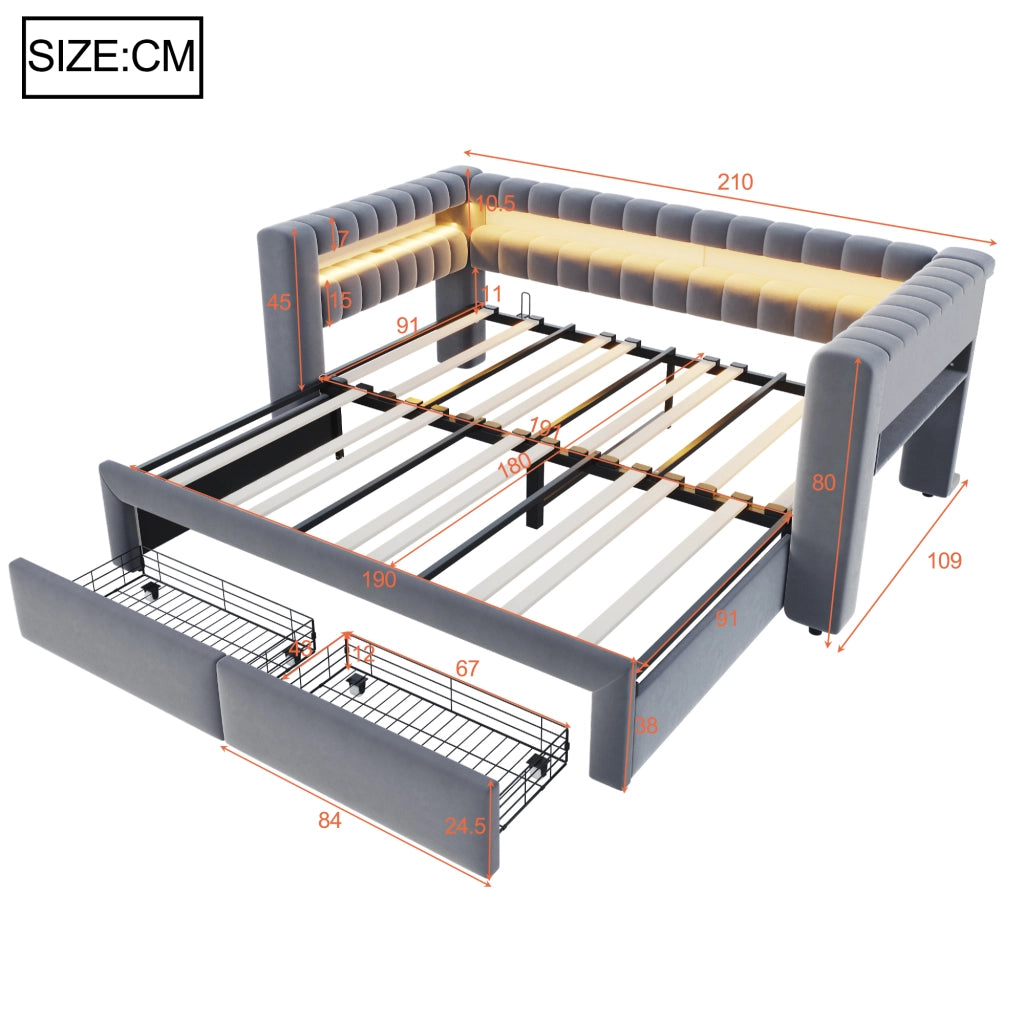 Divano letto 90 × 190 cm trasformabile in letto 180 × 190 cm con cassetti LED USB rivestito in velluto grigio