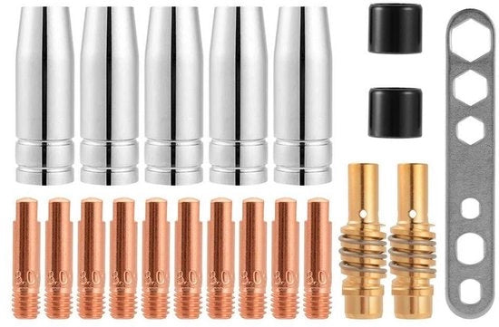 Set di parti di ricambio per MB15 lastro MIG/MAG | diametro filo 08 mm | 20 pezzi | 5 x pezzo di gas | 2 x pezzo di monosto | 10 x pezzo di monosto di corrente M6 08 mm | 2 x isolatore | 1 x utensile