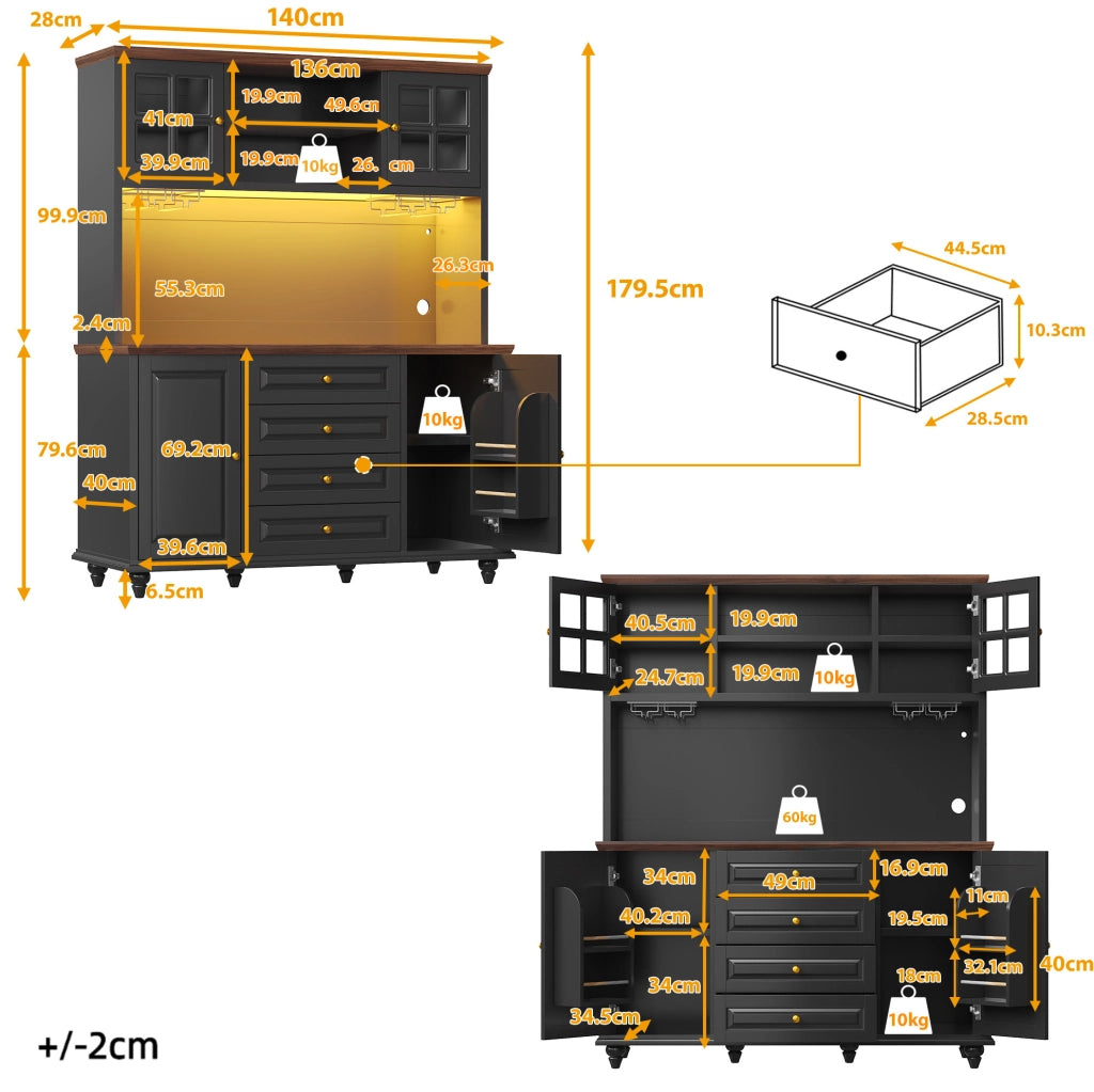 Mobile contenitore alto ULEVR 140x40x179,5 cm con 4 cassetti, ripiani regolabili e LED RGB, nero
