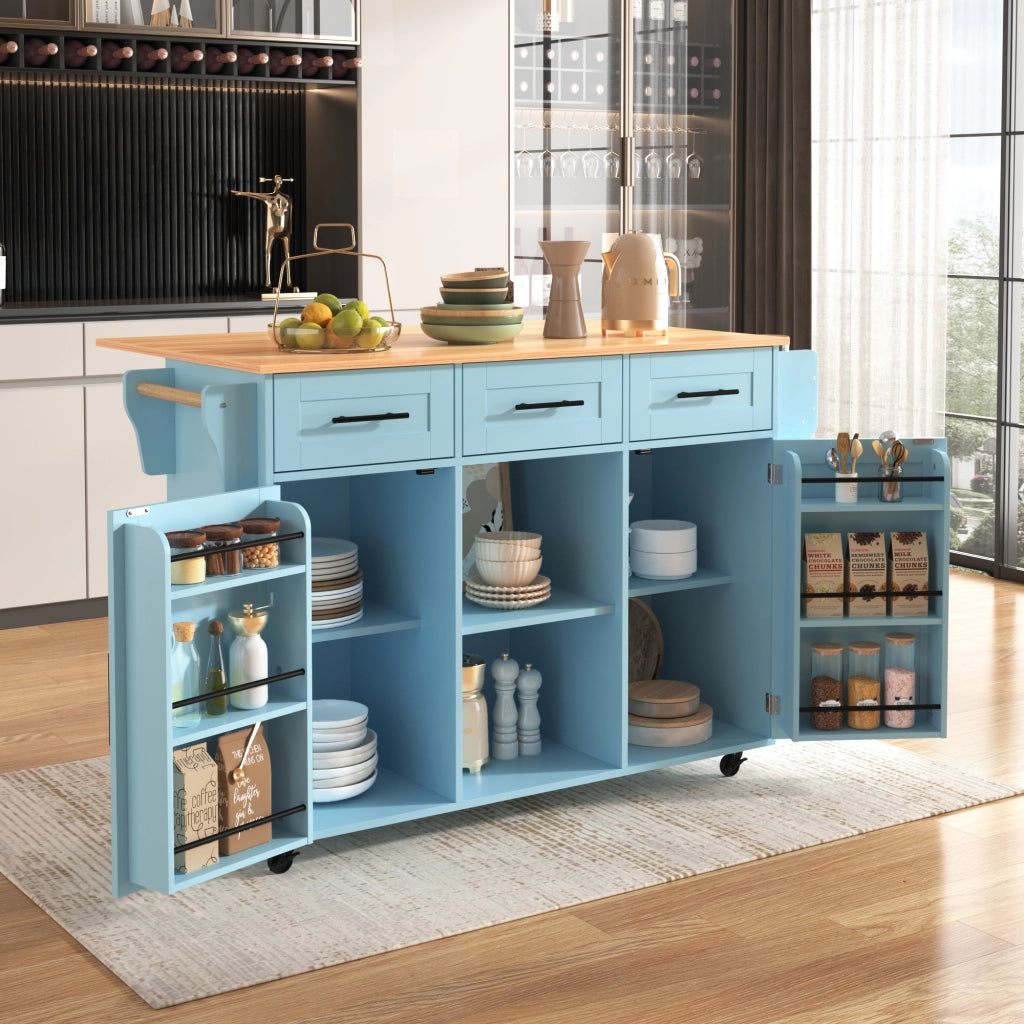 Carrello da cucina con piano pieghevole; 3 cassetti e ripiani regolabili; MDF blu 139 × 46(71) × 91.5 cm