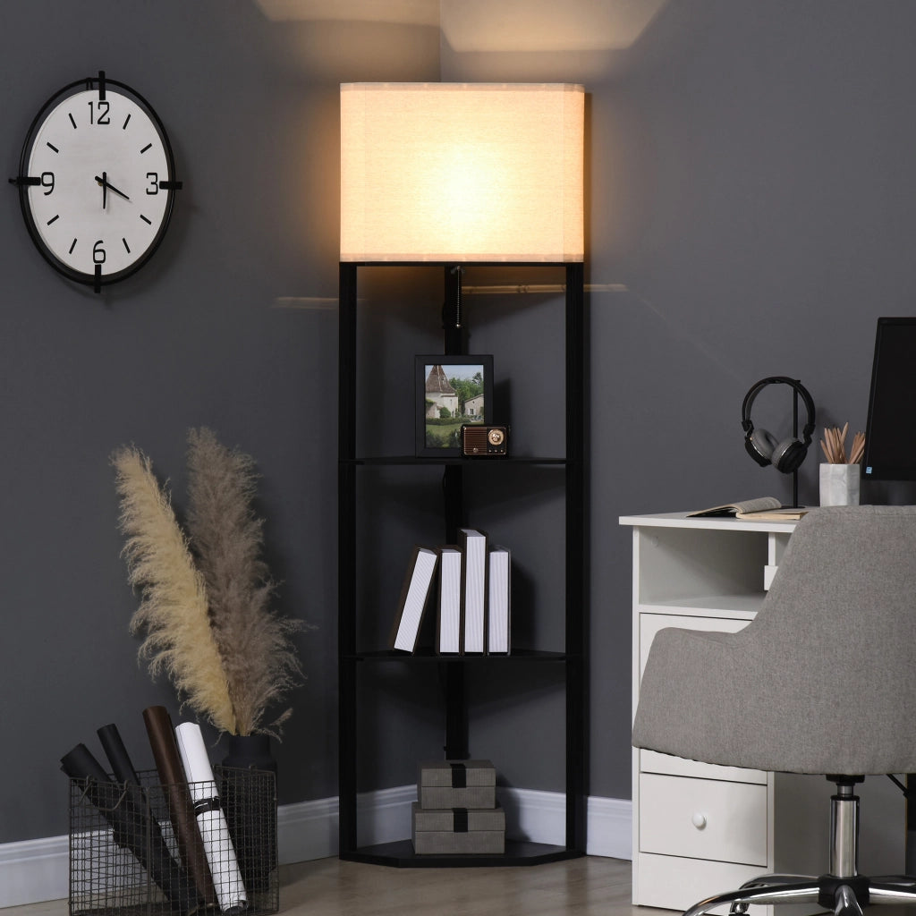 Easycomfort Lampada da Terra Angolare con Ripiani e Paralume in Tessuto, 50x37x159cm, Nero