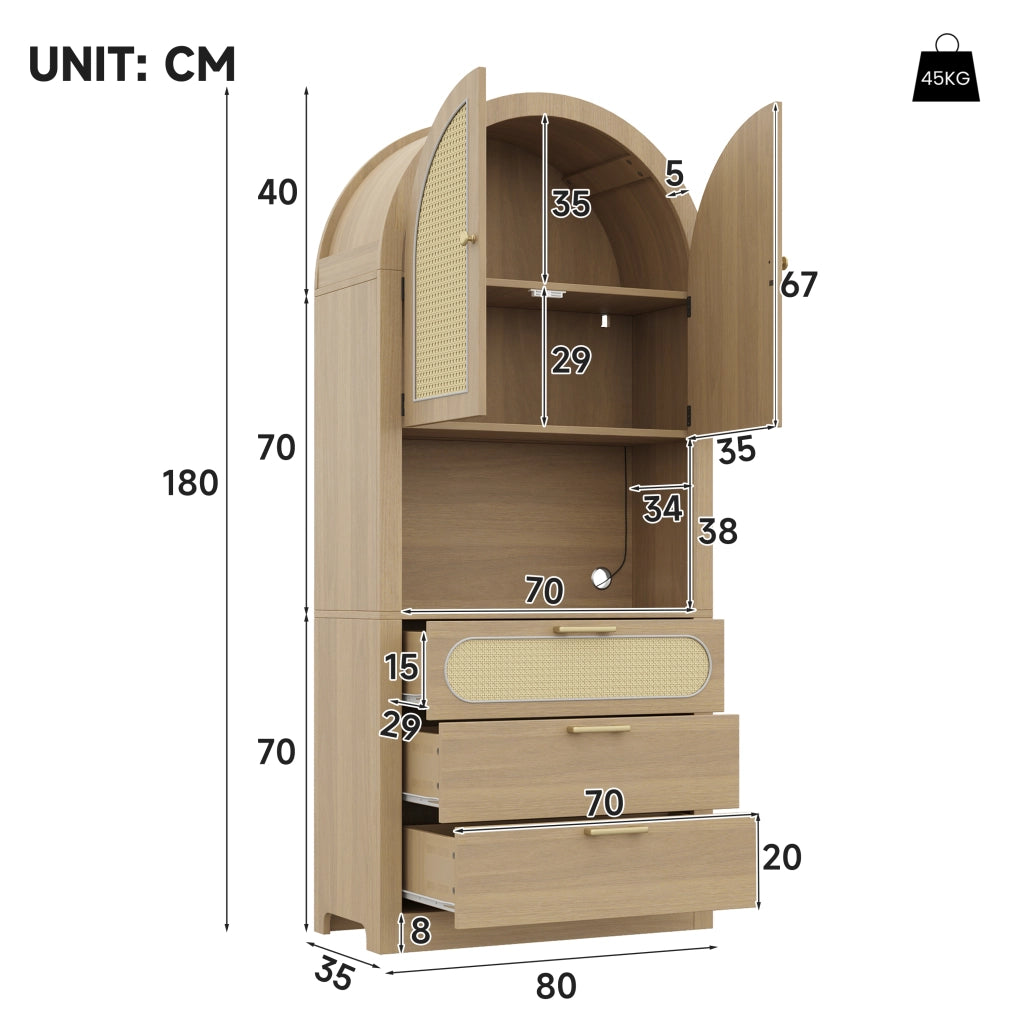 Mobile contenitore con ante in rattan e LED 80x35x180 cm, rovere chiaro