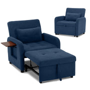 Poltrona letto pieghevole blu scuro – Rivestimento in tessuto, funzione seduta e letto, porta USB, tavolino pieghevole, cuscino, schienale regolabile