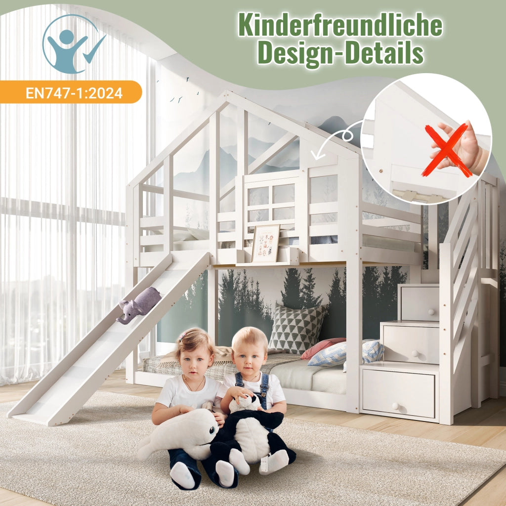 Letto a castello per bambini 90 × 200 cm con scivolo scale contenitore in legno e MDF bianco con rete a doghe