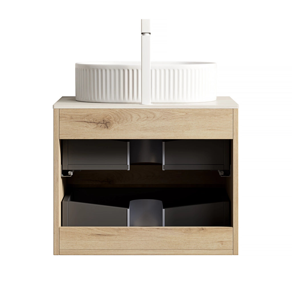 Mobile bagno con lavabo ovale in ceramica piano in pietra sinterizzata e due cassetti soft close colore bianco rovere