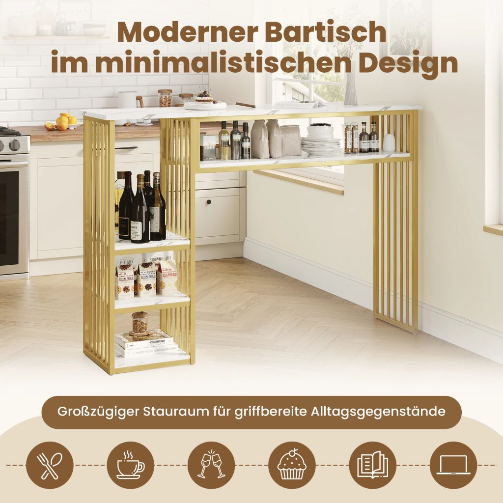 Bartisch con ripiani 140 x 40 x 105 cm in MDF e metallo; bianco e oro