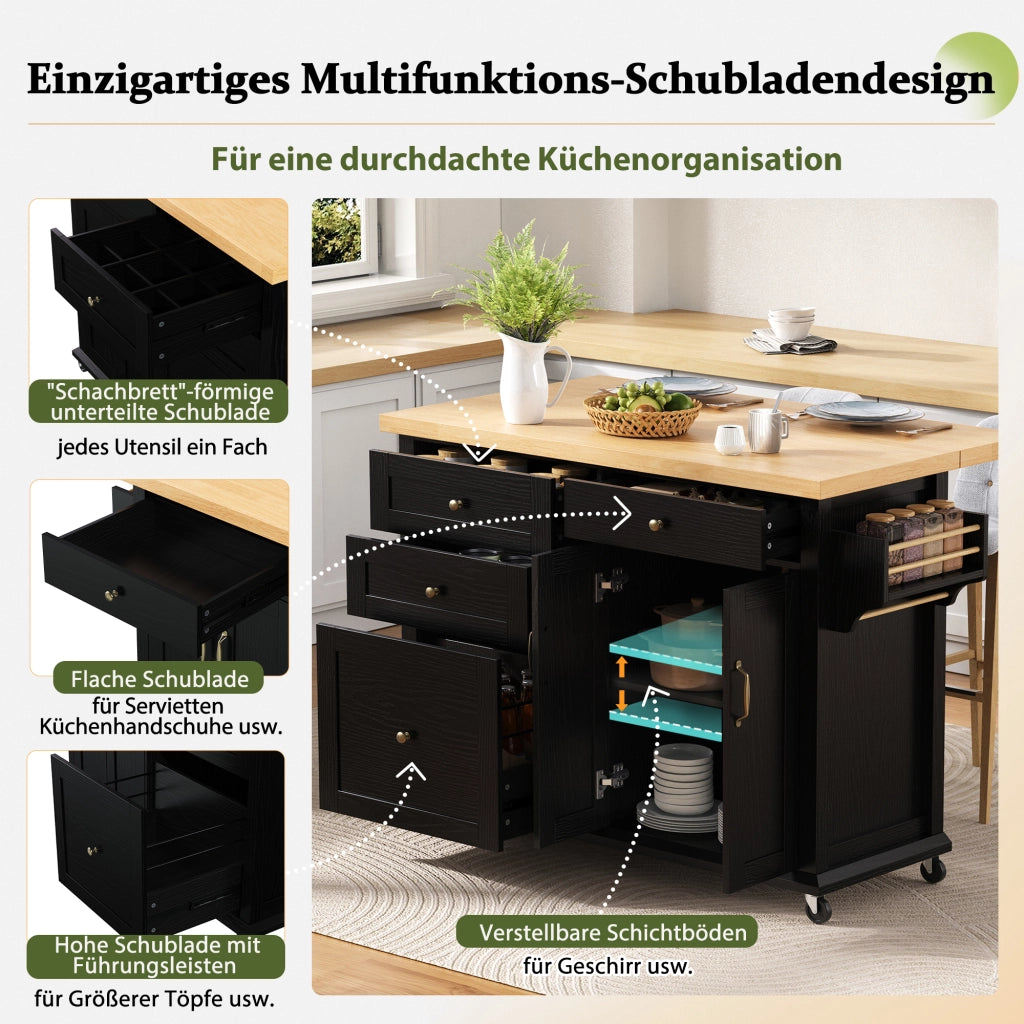 Mobile base da cucina con 2 ante piano estraibile e ruote in MDF nero naturale 107 × 45-70 × 90.5 cm