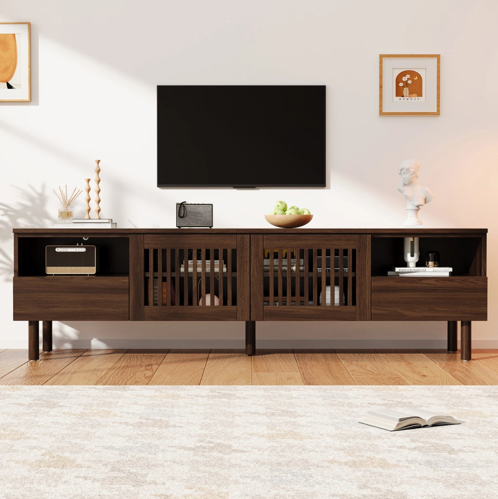 Mobile TV ULEVR 180x40x51 cm con 2 ante a griglia, 2 cassetti e vani aperti, MDF color noce