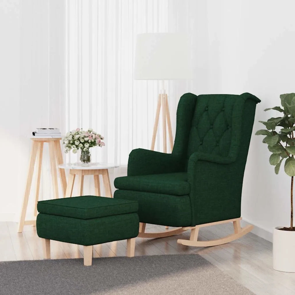 Divano Sedia-Poltrona con Gambe a Dondolo e Sgabello Verde Scuro in Tessuto