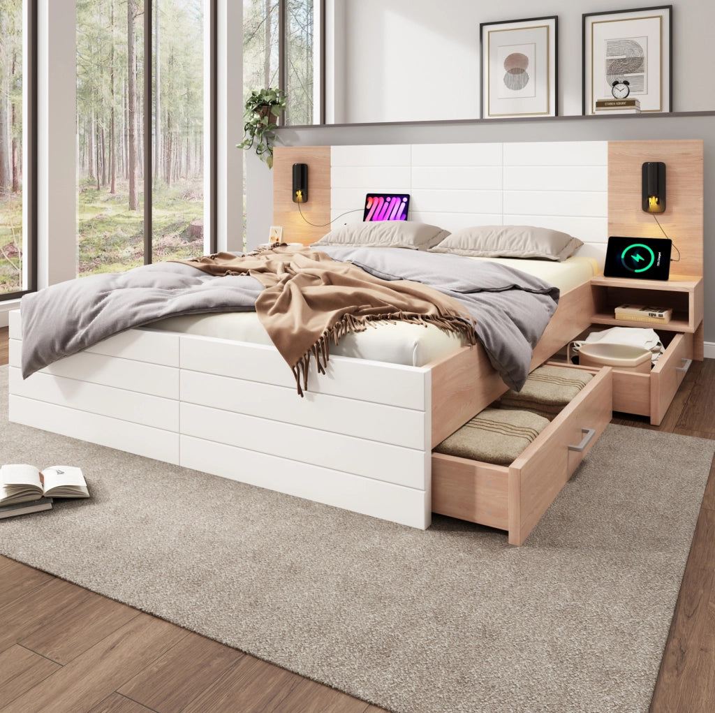 Letto matrimoniale 180x200 cm con comodini, cassetti, luce orientabile e USB