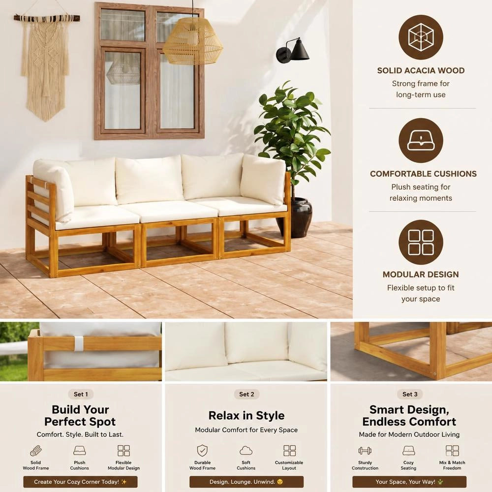 3-seater Garden Sofa With Cream Cushion, Solid Acacia Wood