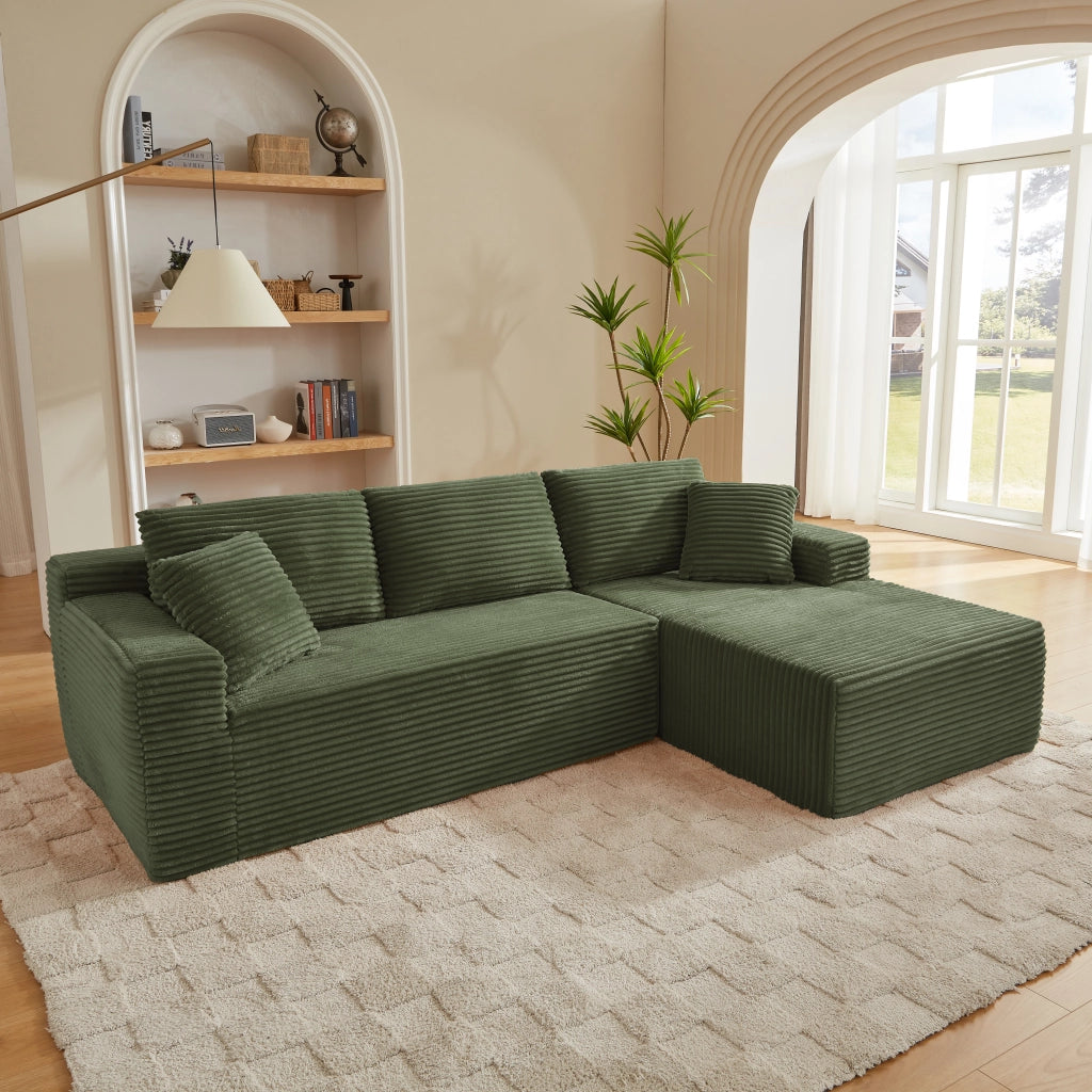 Divano modulare con chaise longue e cuscini rimovibili in schiuma e molle verde