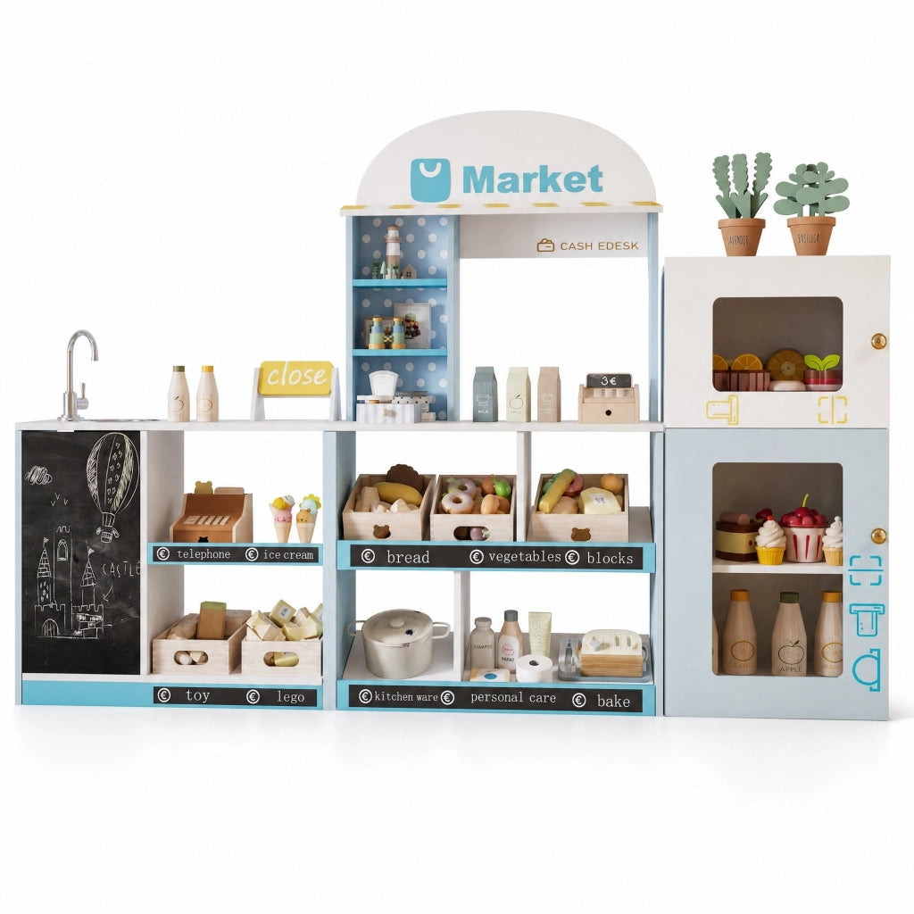 Negozio giocattolo 30x155x107,5 cm blu in MDF con lavagna