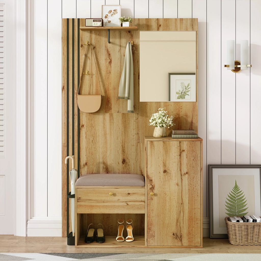 Mobile da ingresso con specchio e seduta imbottita, ripiani regolabili, in MDF naturale e nero, 115 × 37 × 185 cm