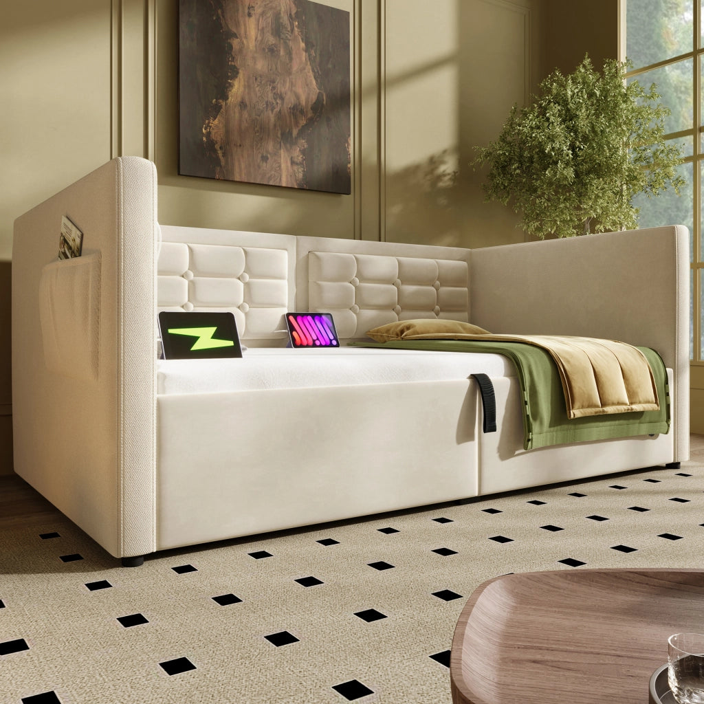 Letto divano singolo 90 × 200 cm con contenitore idraulico, USB e porta tipo C, senza materasso, velluto beige