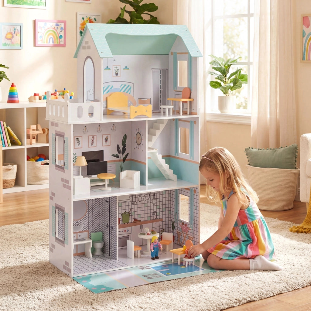 Casa bambole legno 17 pezzi mobili accessori scala racconti immaginativi, Casa bambole villa principessa bambini Verde