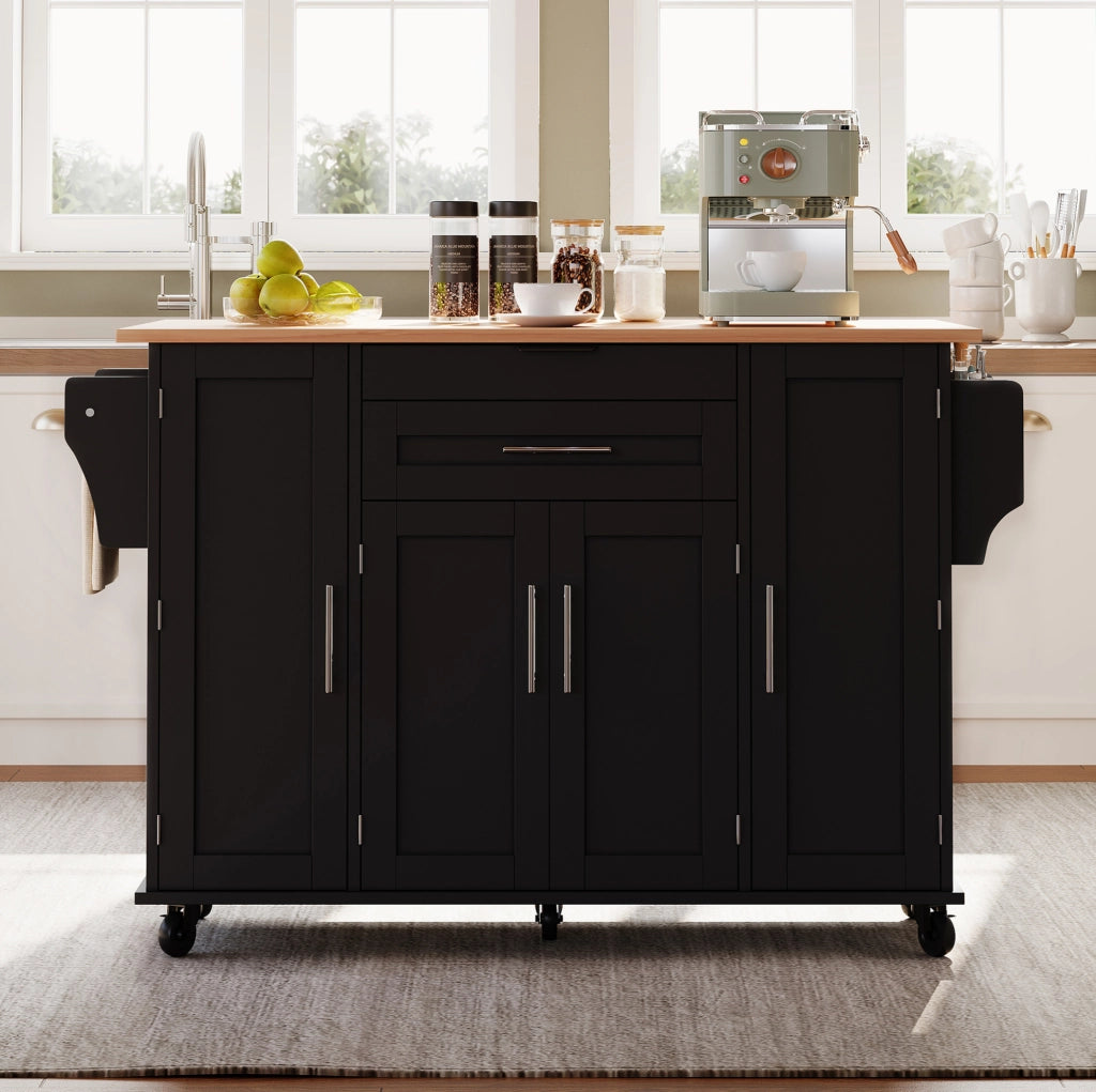 Carrello da cucina 120x45 cm con piano estensibile; MDF nero e naturale