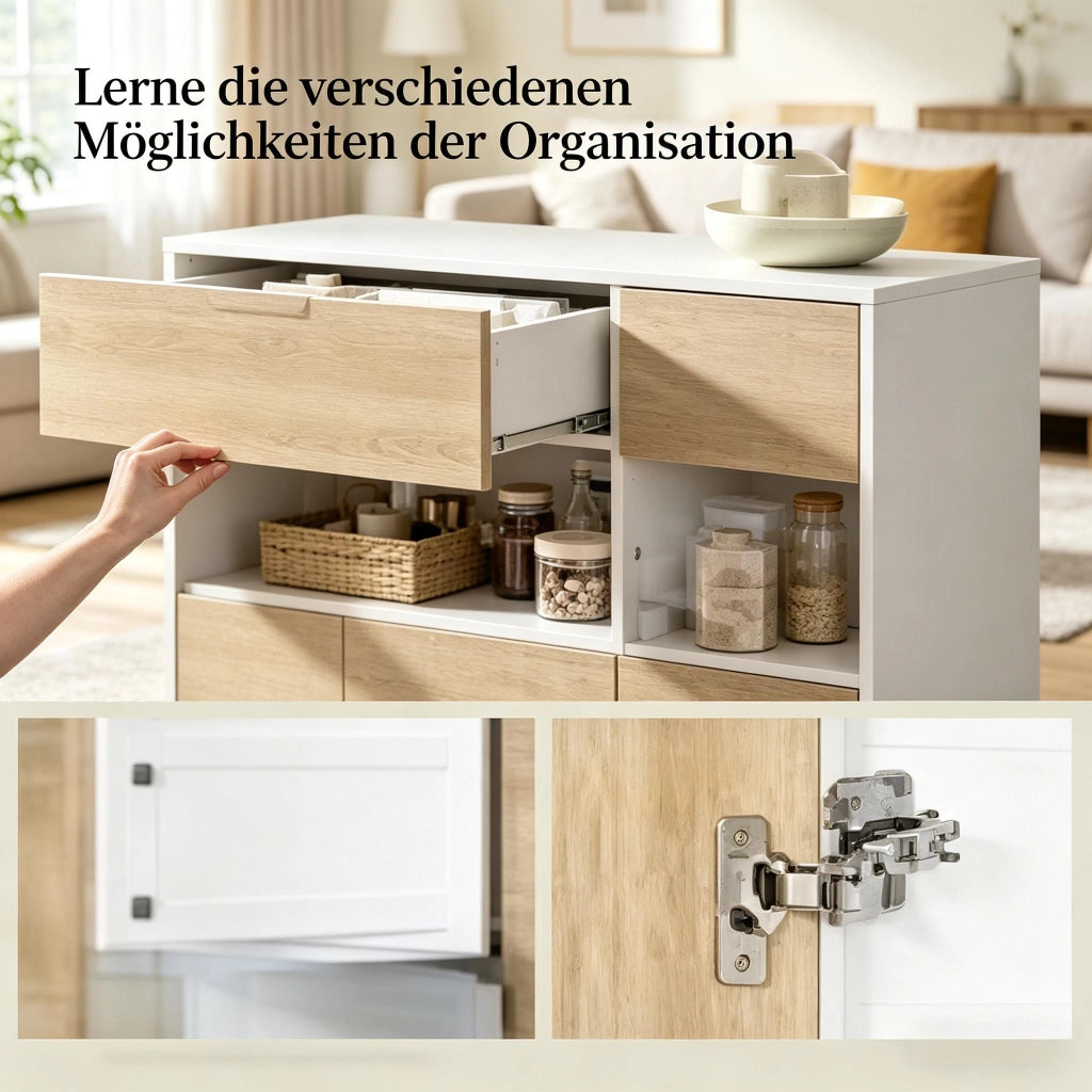 Credenza con vano aperto e anta in vetro acrilico in legno ingegnerizzato bianco e rovere chiaro 100 × 80 × 40 cm