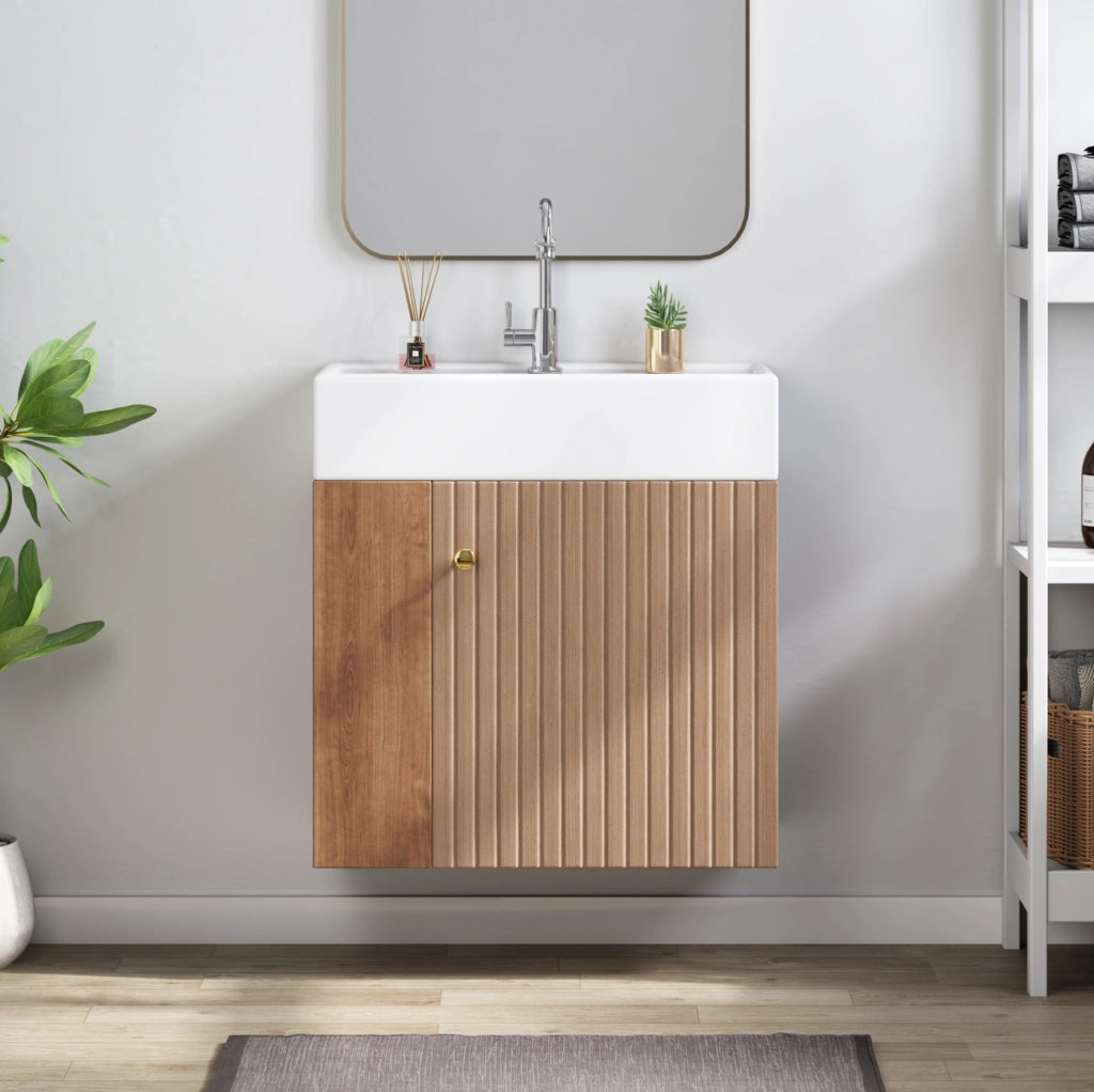 Mobile bagno compatto con lavabo in ceramica marrone