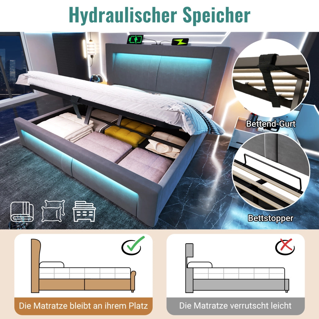 Letto Contenitore 140x200 cm; Letto Matrimoniale - LED; USB e Type-C in Velluto Grigio