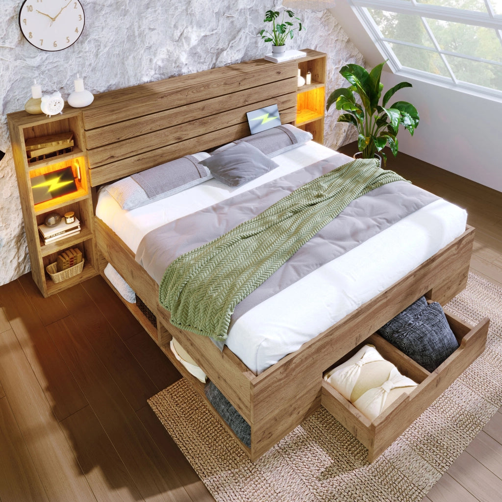 Letto matrimoniale 160×200 cm 2 posti; LED regolabile; USB e ricarica C; mensole e 2 cassetti; senza materasso