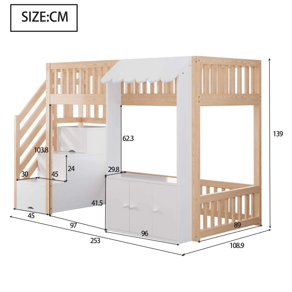 letto a castello in legno massello e mdf colore legno 90 x 200 cm