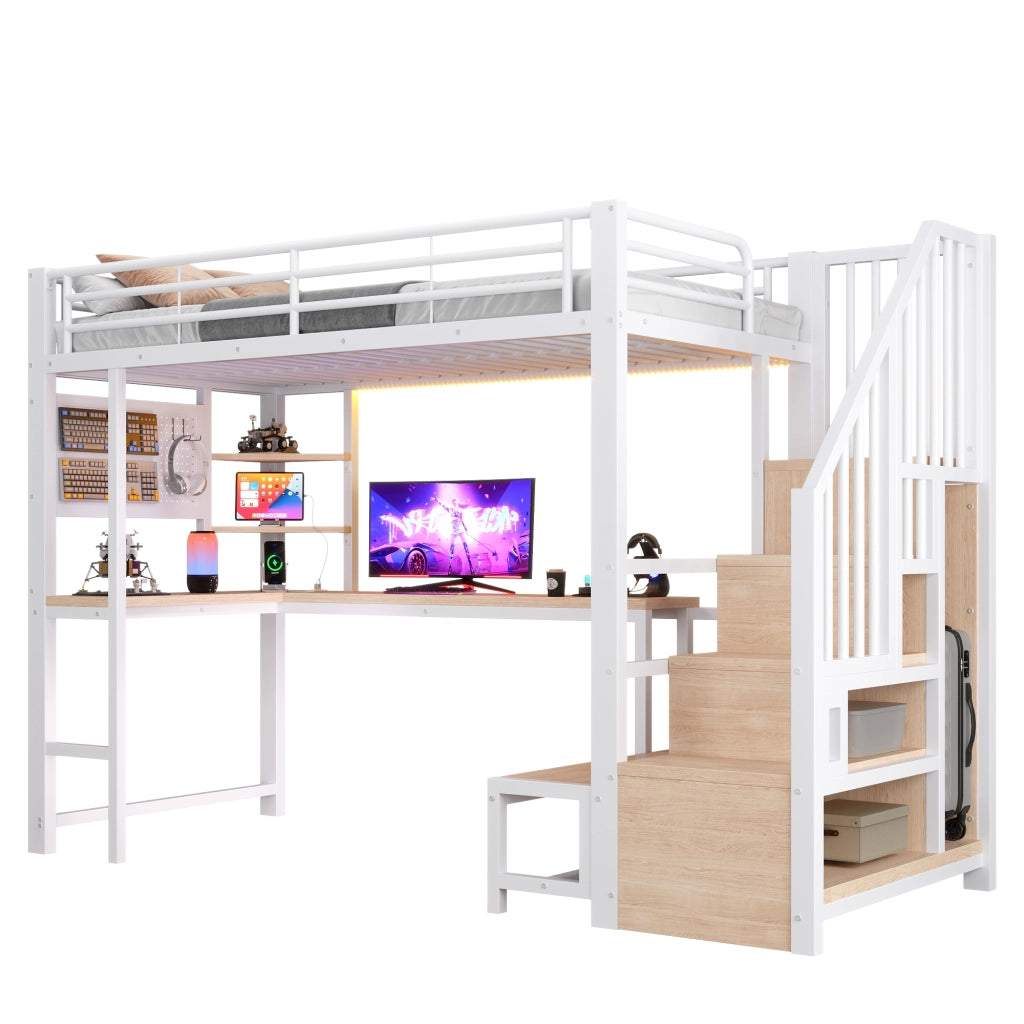 Letto a soppalco 90 × 200 cm con scrivania USB USB-C LED mensole scala contenitore in metallo e MDF bianco