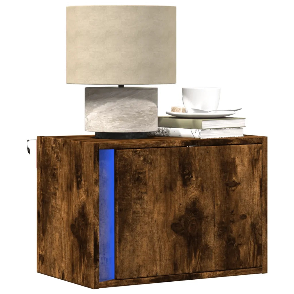 Comodino | Armadio da Notte | Mobiletto da notte a Parete con luci LED Rovere Fumo
