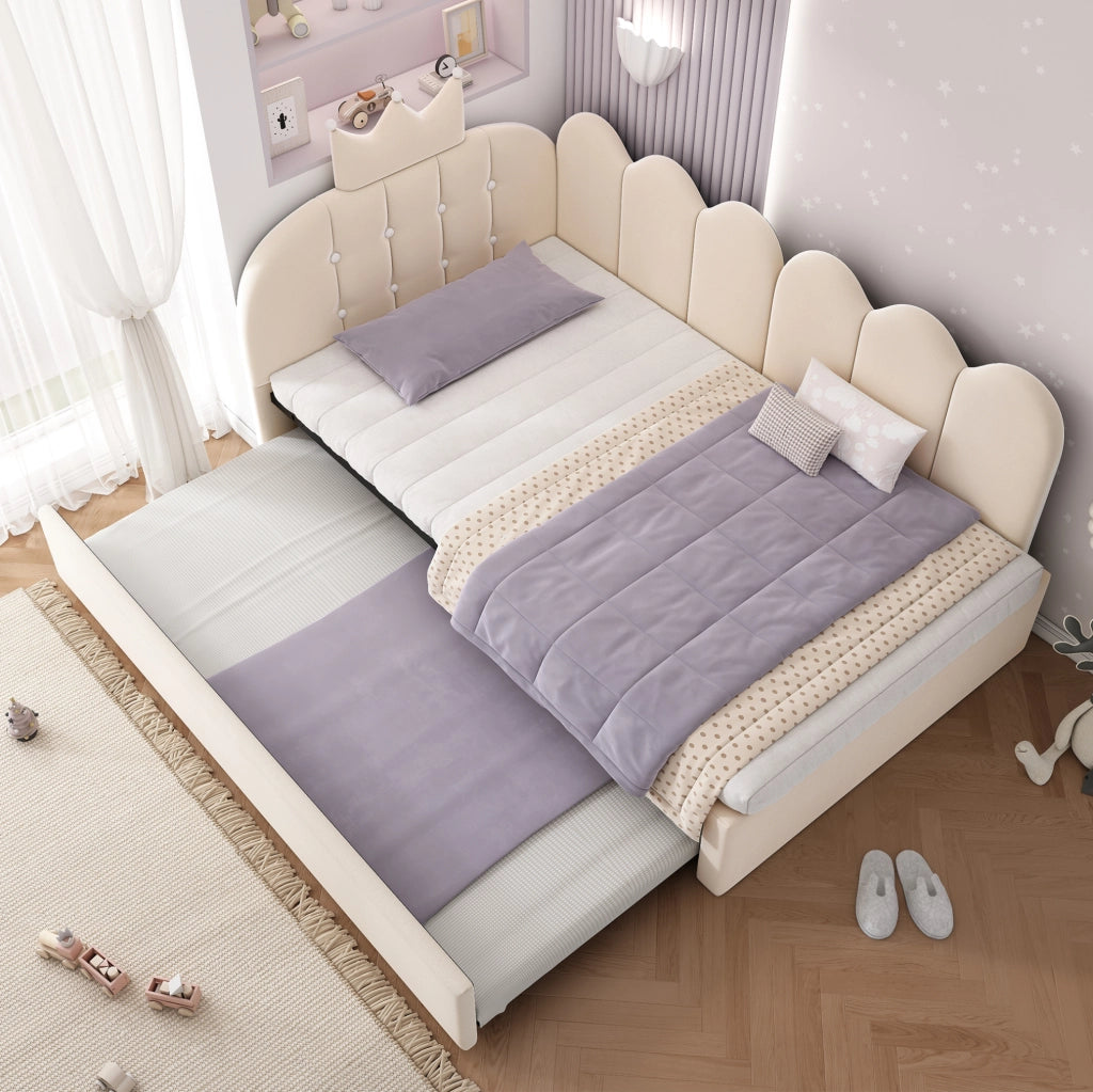 Divano Letto con Letto Estraibile L-Shape 90x200 cm in Velluto Beige per Cameretta e Ospiti