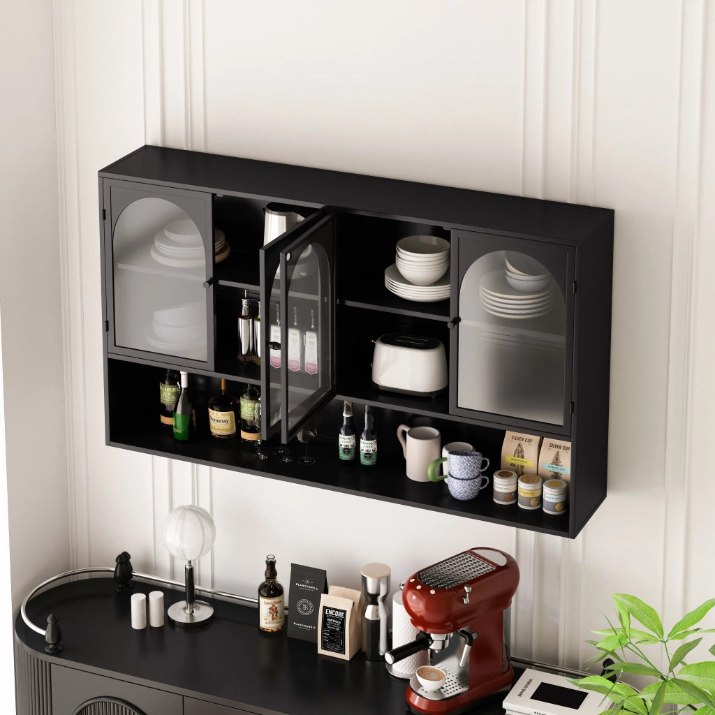 Armadio a muro 4 ante in vetro, 120 cm, vetro grigio, nero, per cucina, soggiorno, bagno