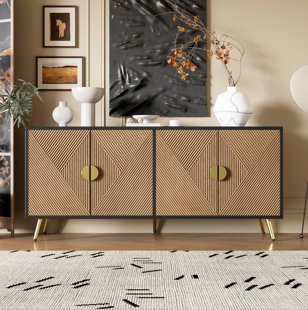 Credenza 160 cm a 4 ante; maniglie oro spazzolato e gambe lucide; nero e legno