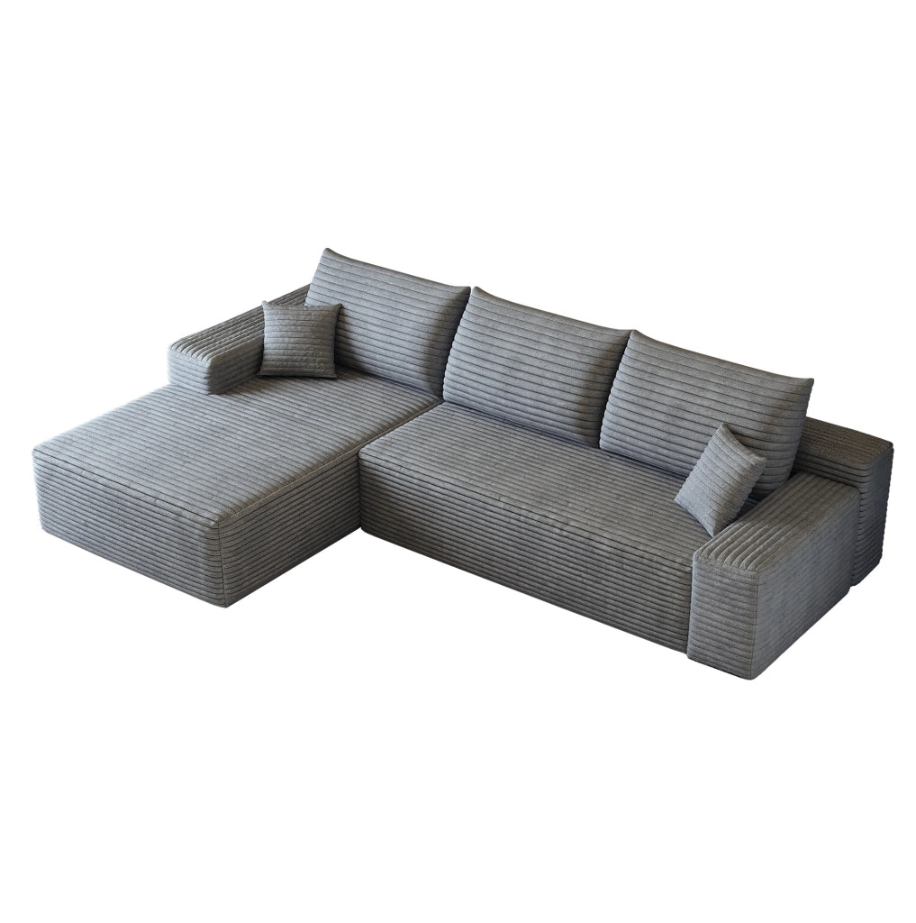 Divano modulare angolare 270 cm con chaise longue a L, tessuto in velluto a coste grigio, senza montaggio richiesto