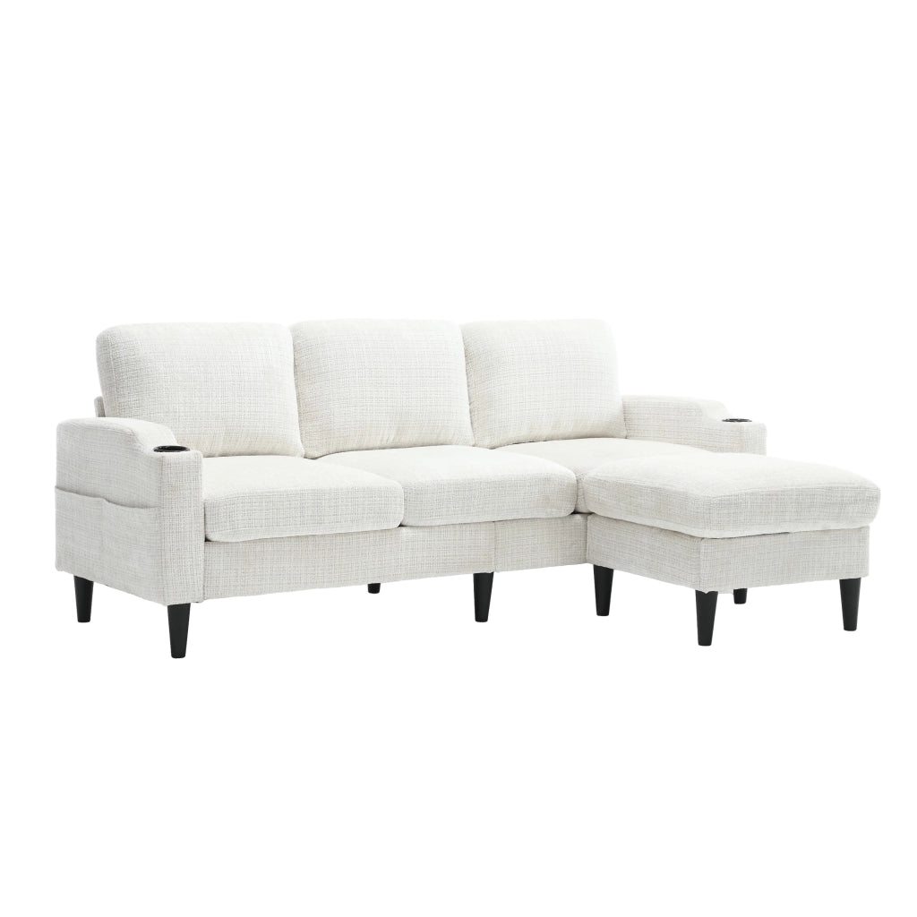 Divano 4 posti con pouf contenitore e portabevande in tessuto chenille beige
