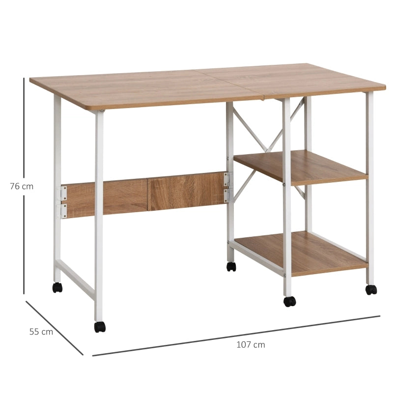 Tavolo pieghevole per computer con ripiano laterale indipendente; ruote con freno; MDF bianco 107 × 55 × 76 cm