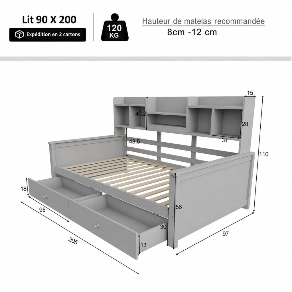 Letto singolo a divano 90 ¡Á 200 cm in legno grigio con cassetti vani laterali e rete a doghe