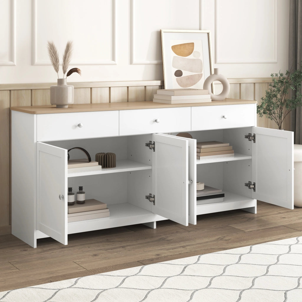 Credenza Bianca e Legno Mobile Buffet 160 cm con 4 Ante e 3 Cassetti in MDF Stile Rustico per Soggiorno e Sala da Pranzo