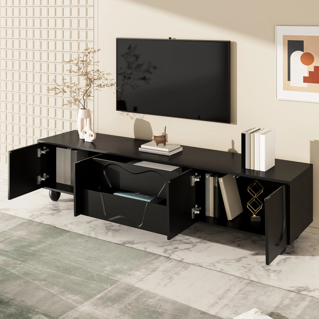 Mobile TV con ante curve e cassetti in pannello truciolare nero opaco con gambe in legno 180 × 40 × 42 cm