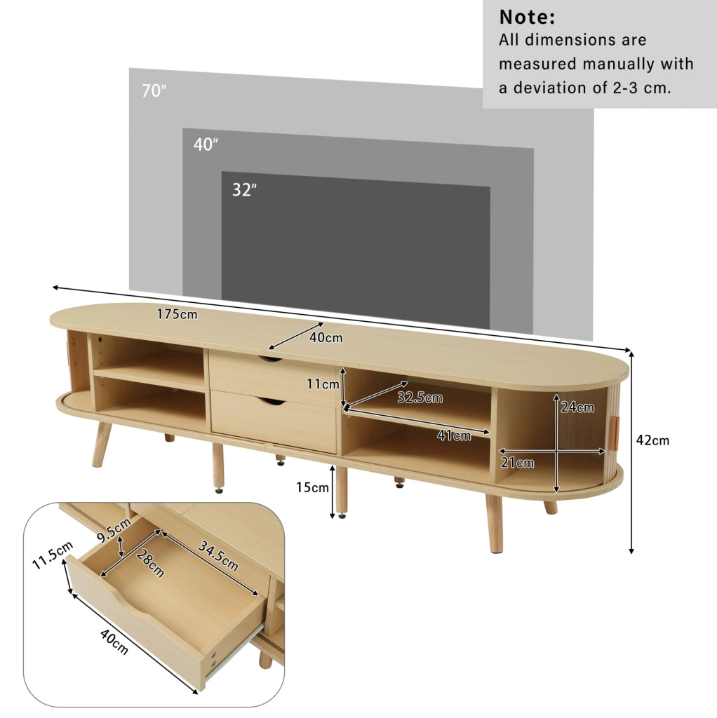 Mobile TV ovale in MDF rovere con 2 cassetti e ante scorrevoli 170 x 40 x 42 cm