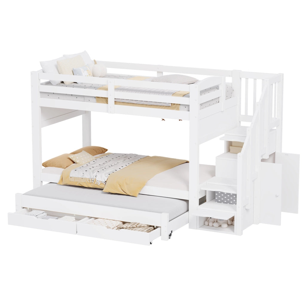 Letto a castello 90x200 cm con letto estraibile; cassetti e armadio bianco HOMVRA
